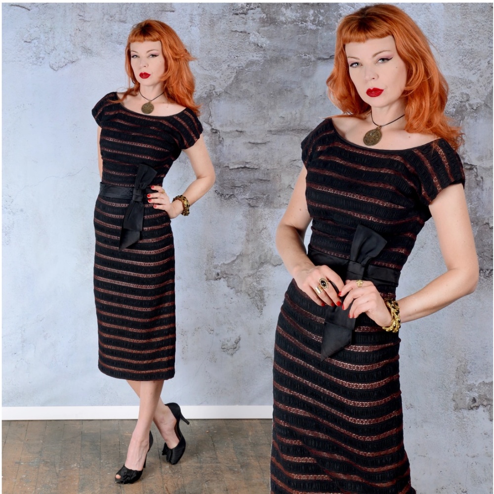 Vintage 1950s Black and Wine Red Lace Sheath Dress